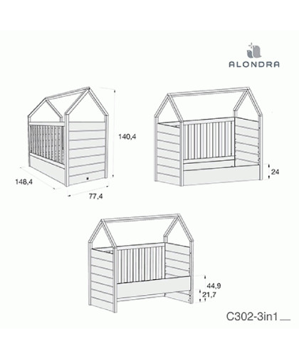 Cuna Montessori AUNA Alba Blue Casita 5en1 70X140 Alondra