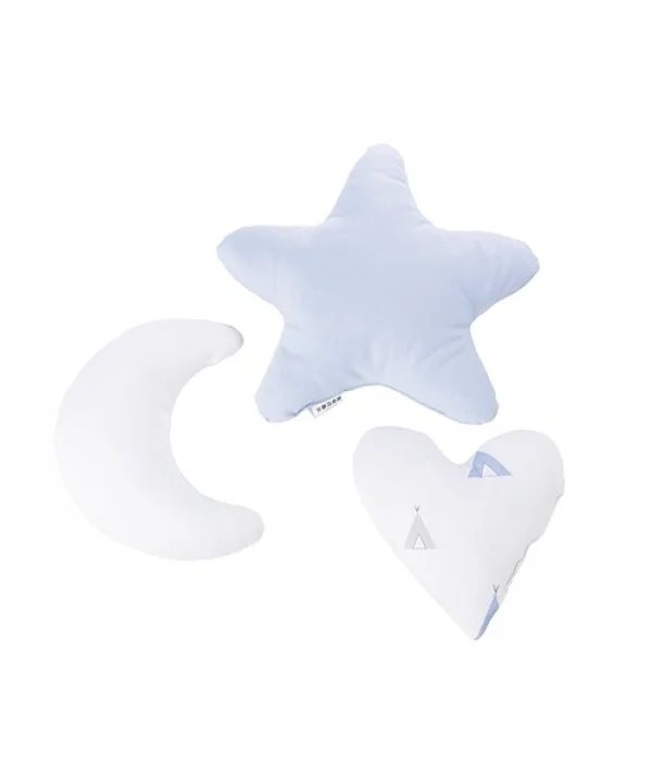 Set de 3 cojines infantiles Alondra Azul (estrella, luna y corazón)