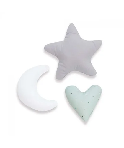 Set de 3 cojines infantiles Alondra Mint (estrella, luna y corazón)