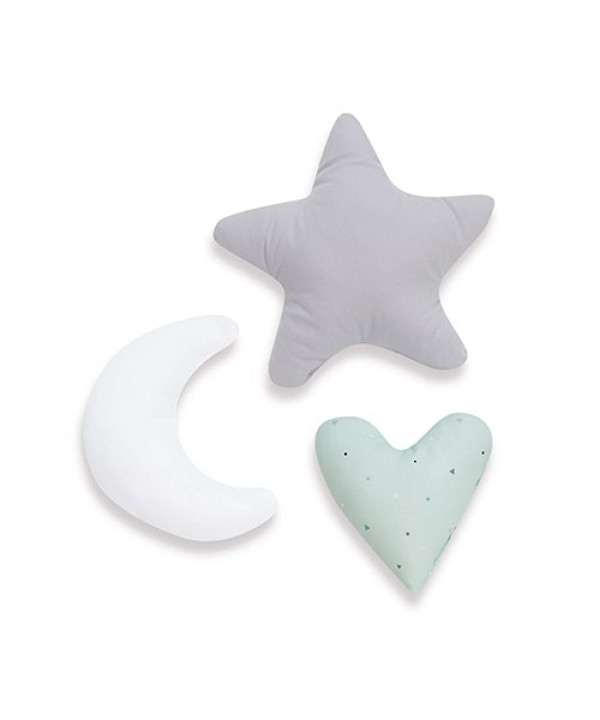 Set de 3 cojines infantiles Alondra Mint (estrella, luna y corazón)