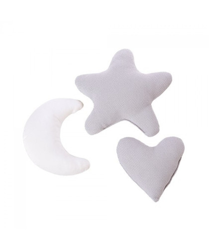 Set de 3 cojines infantiles Alondra Gris (estrella, luna y corazón)